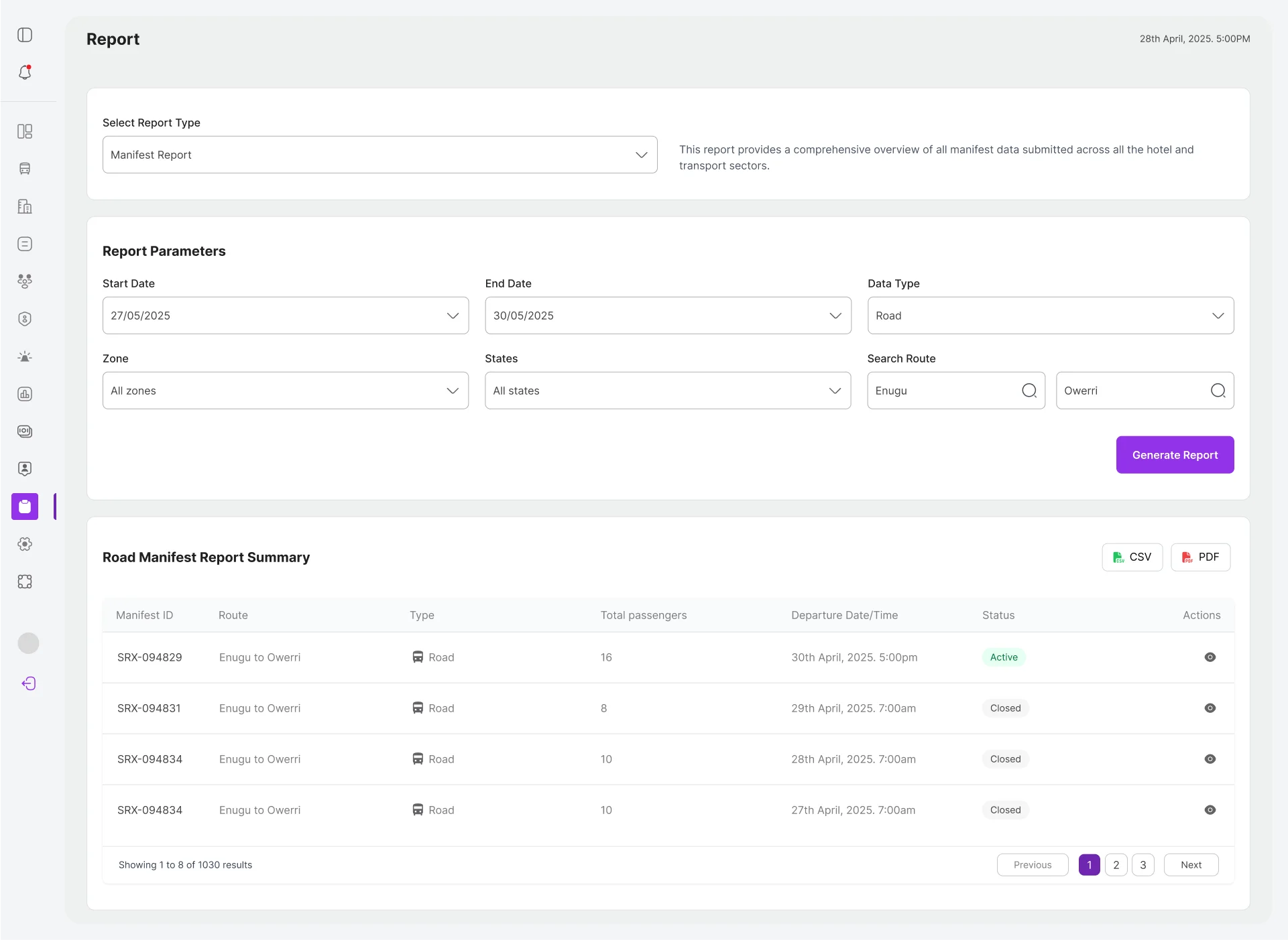ECCRS manifest reports secondary screen